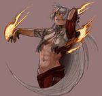  1girl abs arm_up bad_id bad_pixiv_id evil_grin evil_smile exposed_muscle fire fujiwara_no_mokou grey_hair grin groin kirusu long_hair looking_down muscular open_clothes open_shirt outstretched_arm outstretched_hand red_eyes sharp_teeth shirt simple_background sketch sleeves_rolled_up smile solo teeth torn_clothes touhou 