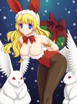  animal animal_ears blonde_hair blue_eyes breasts bunny_ears bunny_girl bunnysuit cleavage copyright_request cross earrings gift jewelry large_breasts leaning_forward long_hair miyama_amehiko pantyhose snow snowing solo 