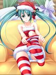  adjusting_clothes adjusting_legwear aqua_hair bell bow chair christmas dressing easy_chair feet foreshortening hair_bow hat hatsune_miku highres kobapyon long_hair outstretched_leg panties pov_feet sack santa_costume santa_hat sitting smile sock_pull solo striped striped_legwear striped_panties thighhighs thighhighs_pull twintails underwear undressing upskirt very_long_hair vocaloid 