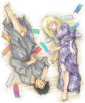  1boy 1girl barefoot black_hair blonde_hair blue_eyes couple earrings feet female gensou_suikoden gensou_suikoden_i japanese_clothes jewelry kimberley kimono long_hair lying male ryousibu short_hair suikoden suikoden_i tai_ho 