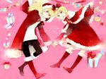  1girl bad_id bad_pixiv_id blonde_hair blue_eyes boots brother_and_sister christmas hair_ornament hair_ribbon hairclip hat holding_hands kagamine_len kagamine_rin mig_(36th_underground) ribbon santa_costume santa_hat short_hair siblings smile star twins twintails vocaloid 