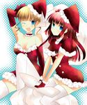  bad_id bad_pixiv_id bare_shoulders beatrice blonde_hair breasts christmas cleavage gloves hair_ornament hat kinatsu_souju large_breasts medium_breasts mini_hat mini_santa_hat multiple_girls red_gloves red_hair ribbon santa_costume santa_hat thighhighs umineko_no_naku_koro_ni ushiromiya_ange 