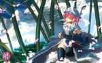  bamboo bamboo_forest bug butterfly cloud commentary_request erhu forest grass hat insect instrument japanese_clothes katou_taira kneeling mountain nature pink_hair red_eyes saigyouji_yuyuko scenery short_hair sky solo thighhighs touhou 