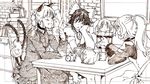  animal_ears bucket cat_ears cat_tail cup graphite_(medium) in_bucket in_container kaenbyou_rin kisume kurodani_yamame monochrome mtmy mug multiple_girls multiple_tails ponytail reiuji_utsuho sitting table tail teapot touhou traditional_media wings 