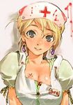  asanagi blonde_hair blood breasts cleavage copyright_request earrings face hat jewelry large_breasts nurse nurse_cap solo 