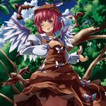  animal animal_ears bird day mikan_(bananoha) mystia_lorelei nature one_eye_closed outdoors pink_hair purple_eyes short_hair skirt skirt_lift solo touhou wings 