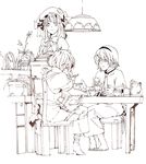  alice_margatroid barefoot book brown chair cup graphite_(medium) highres kirisame_marisa monochrome mtmy multiple_girls patchouli_knowledge plant shanghai_doll sitting table teacup teapot touhou traditional_media 