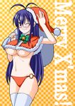  antenna_hair blue_hair breasts capelet christmas glasses kisaragi_yuki large_breasts long_hair mahou_sensei_negima! one_eye_closed panties santa_costume saotome_haruna solo thighhighs underboob underwear 