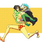  1girl black_hair boots carrying dress franky glasses karukaradon818 male_swimwear nervous nico_robin one_piece one_piece:_strong_world panties pantyshot princess_carry running shirt striped striped_shirt sweater sweater_dress swim_briefs swimsuit swimwear underwear 