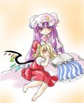  bad_id bad_pixiv_id barefoot blonde_hair blush book feet flandre_scarlet hat lap_pillow long_hair multiple_girls patchouli_knowledge purple_eyes purple_hair sakura_(doors) sleeping thumb_sucking touhou wings 