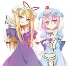  bad_id bad_pixiv_id blonde_hair bow creamfully elbow_gloves fan folding_fan gloves hair_bow hat long_hair multiple_girls pink_eyes pink_hair purple_eyes saigyouji_yuyuko short_hair smile touhou white_gloves yakumo_yukari 