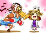  1girl bad_id bad_pixiv_id battle blood boxing_gloves chibi crossover duel face_punch ginnyo hat in_the_face living_clothes m_bison moriya_suwako punching pyonta smile street_fighter touhou 