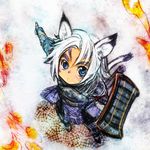  animal_ears armor bad_id bad_pixiv_id blue_eyes blush cat_ears doraeshi final_fantasy final_fantasy_xi mithra pointing shield solo tail white_hair 