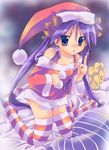  bare_shoulders bed blue_eyes christmas collarbone hair_ribbon hat highres hiiragi_kagami kneeling long_hair lucky_star nyanmilla purple_hair ribbon santa_costume santa_hat solo striped striped_legwear thighhighs tsurime twintails zettai_ryouiki 