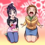  brown_hair cake closed_eyes denim denim_skirt eyelashes food fruit futari_wa_precure_splash_star hair_ornament hairclip hajime_(caramel_toone) half_updo hyuuga_saki jeans kneeling long_hair mishou_mai multiple_girls open_mouth pants pencil_skirt precure purple_eyes purple_hair short_hair skirt spoon strawberry very_short_hair 