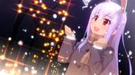  :d animal_ears bunny_ears coat dutch_angle h@ll happy jacket lights long_hair mittens night open_mouth purple_hair red_eyes reisen_udongein_inaba scarf smile snowing solo touhou winter_clothes winter_coat 