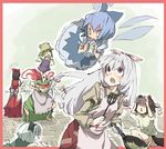  abara_heiki apron barefoot blue_hair border bow camera cirno cooking detached_sleeves food frog frying_pan fujiwara_no_mokou grey_hair hair_bow hakurei_reimu hat holding hong_meiling ice ice_wings indoors juliet_sleeves konpaku_youmu long_hair long_sleeves moriya_suwako multiple_girls non-web_source open_mouth outside_border puffy_short_sleeves puffy_sleeves red_border red_eyes red_hair ribbon shameimaru_aya short_hair short_sleeves silver_hair socks spatula surprised tokin_hat tongue touhou wings 