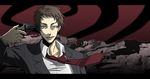  adachi_tooru bad_id bad_pixiv_id brown_hair gun gun_to_head handgun holding holding_gun holding_weapon male_focus necktie persona persona_4 revolver sin-007 smile solo spoilers weapon 