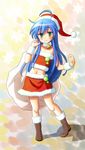  :3 ahoge bell blue_hair boots christmas chunpai green_eyes hat izumi_konata long_hair lucky_star midriff mole mole_under_eye sack santa_costume santa_hat solo 