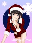  amagami bad_id bad_pixiv_id black_hair blue_eyes breasts christmas cleavage face hat kishida-shiki large_breasts long_hair morishima_haruka santa_costume santa_hat short_shorts shorts snowflakes solo 