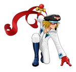  absurdres blonde_hair bodysuit boots full_body gloves hat highres kendama male_focus manly mask mori_toshiaki official_art one_knee open_collar outstretched_arms peaked_cap scarf simple_background solo spread_arms takada_gan tatsunoko_vs_capcom time_bokan_(series) yatterman 