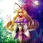  bare_tree blonde_hair bow closed_umbrella colorful dress gradient hair_bow hands_on_hilt hat hat_ribbon long_hair looking_at_viewer moon plant planted_umbrella red_eyes ribbon smile solo standing touhou tree ukyo_rst umbrella wide_sleeves yakumo_yukari 