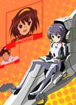  2girls ayanami_rei ayanami_rei_(cosplay) bodysuit book cosplay hair_ribbon highres ikari_shinji ikari_shinji_(cosplay) kyon missacula multiple_girls nagato_yuki neon_genesis_evangelion parody plugsuit reading ribbon souryuu_asuka_langley souryuu_asuka_langley_(cosplay) suzumiya_haruhi suzumiya_haruhi_no_yuuutsu white_bodysuit 