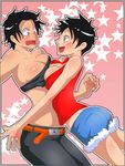  belt black_hair breast_press breasts brown_eyes brown_hair cleavage freckles genderswap genderswap_(mtf) large_breasts luffyko midriff minsara multiple_girls navel one_piece portgas_d_anne scar short_hair short_shorts shorts siblings sisters star surprised symmetrical_docking 