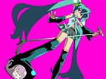  boots cameo hatsune_miku kanayanagi_takashi long_hair megurine_luka microphone microphone_stand red_eyes simple_background skirt smile solo spring_onion takoluka thigh_boots thighhighs twintails very_long_hair vocaloid zettai_ryouiki 
