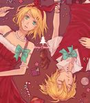  1girl aqua_eyes blonde_hair brother_and_sister candy candy_cane christmas closed_eyes dress food from_above hair_ornament hair_ribbon hairclip isis_(321) kagamine_len kagamine_rin key lying on_back ribbon rotational_symmetry short_hair siblings stuffed_animal stuffed_toy teddy_bear twins vocaloid 