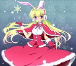  animal_ears bunny_ears earmuffs gloves green_hair long_hair mofmof_(sousa) original purple_eyes red_gloves santa_costume solo twintails 