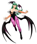  absurdres animal_print bare_shoulders bat_print bat_wings breasts cleavage demon_girl green_eyes green_hair head_wings highres large_breasts long_hair mori_toshiaki morrigan_aensland official_art pantyhose print_legwear purple_legwear purple_wings solo succubus tatsunoko_vs_capcom vampire_(game) wings 