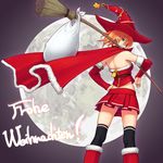  akashingo_(rotampel) back bad_id bad_pixiv_id blue_eyes boots broom cape christmas detached_sleeves full_moon hat highres looking_back moon orange_hair original panties short_hair solo thighhighs underwear witch witch_hat zipper 