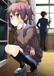  1girl black_legwear brown_eyes brown_hair cardigan glasses kita_high_school_uniform kneehighs kyon nagato_yuki purple_hair school_uniform serafuku shoes short_hair smile socks squatting suzumiya_haruhi_no_shoushitsu suzumiya_haruhi_no_yuuutsu uwabaki yuuji 