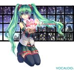  adapted_costume aqua_eyes aqua_hair christmas detached_sleeves hatsune_miku kneeling long_hair looking_at_viewer necktie sankusa skirt smile solo thighhighs twintails very_long_hair vocaloid zettai_ryouiki 