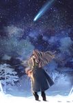  boots brown_hair coat false_island footprints from_behind glowing holding light_brown_hair long_hair long_sleeves mittens night outdoors shooting_star silver_hair sky snow solo standing star star_(sky) starry_sky takayama_dan tree winter 