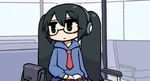  backpack bag bespectacled black_hair book chan_co chibi glasses green_eyes hatsune_miku long_hair necktie sitting solo twintails upper_body vocaloid 