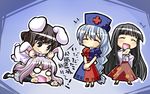  :3 animal_ears blush brown_eyes bunny_ears chibi hat houraisan_kaguya inaba_tewi multiple_girls reisen_udongein_inaba sakino_shingetsu tears touhou translated violence yagokoro_eirin 