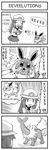  4koma blue_(pokemon) comic eevee evolution flareon gen_1_pokemon greyscale hard_translated jolteon monochrome pokemoa pokemon pokemon_(creature) translated vaporeon 