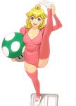  1up bad_id bad_pixiv_id blonde_hair blue_eyes blush breasts cleavage crown large_breasts leg_lift legs leotard mario_(series) masao mushroom pink_leotard princess_peach shoes smile solo split standing standing_on_one_leg standing_split super_mario_bros. thighhighs uwabaki wii_balance_board wii_fit 