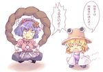  ^_^ anger_vein angry annoyed blonde_hair blush_stickers chibi closed_eyes floating hair_ornament happy hat indian_style leaf_hair_ornament md5_mismatch moriya_suwako multiple_girls orita_enpitsu purple_hair rope shimenawa short_hair sitting squatting touhou translated yasaka_kanako 