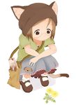  animal animal_ears bag bloomers brown_eyes brown_hair cat_ears cat_tail es_(pixiv295215) ferret flower frills full_body glasses handbag ichigo_mashimaro john_(ichigo_mashimaro) mary_janes sakuragi_matsuri shoes short_hair skirt socks solo tail underwear white_background 