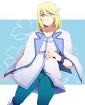  bad_id bad_pixiv_id blonde_hair blue_background blue_eyes bracelet eterno jewelry male_focus mithos_yggdrasill smile solo tales_of_(series) tales_of_symphonia 