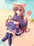  animal_ears bell brown_hair cat_ears copyright_request frills hat heart japanese_clothes long_hair natsumiya_yuzu red_eyes solo tail thighhighs 