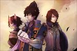  1girl 2boys armor arrow brown_eyes brown_hair crown female grey_eyes hat looking_back male mouri_motonari multiple_boys purple_eyes robe sengoku_musou sengoku_musou_3 shield short_hair smile tachibana_ginchiyo tachibana_muneshige violet_eyes watson_tetuo 