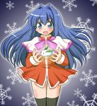  blue_eyes blue_hair geo_(yukishitadou) kanon long_hair minase_nayuki red_skirt school_uniform skirt snow_bunny snowflakes solo thighhighs 