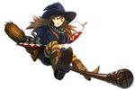  boots broom broom_riding brown_hair edo_umi green_eyes happy hat jewelry long_hair necklace open_mouth original pantyhose simple_background smile solo striped striped_legwear white_background witch witch_hat 