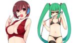  bikini breasts cleavage hase_neet hatsune_miku large_breasts long_hair meiko multiple_girls sunglasses swimsuit thighhighs twintails very_long_hair vocaloid whip 