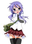  :d alternate_hairstyle arms_behind_back bag bespectacled blue_eyes casual frills glasses hiiragi_kagami long_hair looking_at_viewer lucky_star necktie open_mouth plaid pleated_skirt purple_hair red-framed_eyewear satchel skirt smile solo takeya_yuuki thighhighs twintails zettai_ryouiki 