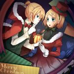  1girl aqua_eyes blonde_hair brother_and_sister finger_to_mouth gift gloves hair_ornament hairclip hat hood kagamine_len kagamine_rin short_hair shushing siblings smile tama_(songe) top_hat twins vocaloid 